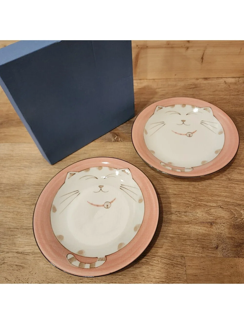 Sousaku Maneki Neko Lucky Cat Pink Rice Deep Plate Set of 2, 7-3/4